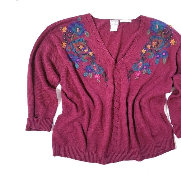 JANTZEN CLASSICS Vintage Vtg 80s Embrodiered Floral Pulliver Sweater 2x XXL - Picture 6 of 13
